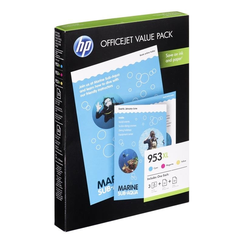 HP 953XL Office Value Pack, 953XL Ink CMY, 50 sheet AIO Paper, 25 sheet Prof. IJ Matte Paper 180g/m²