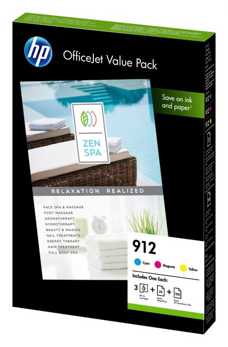 HP 912 CMY Ink Cartridge Multipack With A4 Paper - 6JR41AE