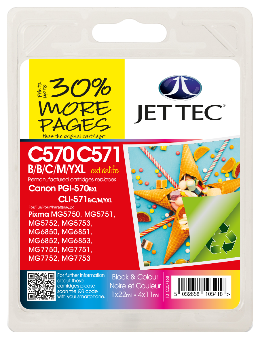 Jet Tec PGI-570XL Black Ink Cartridge plus CLI-571XL Black, Cyan, Magenta, Yellow Ink Cartridges