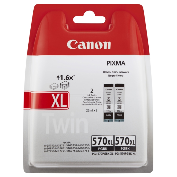 Canon 570XL High Capacity Twin Pack Black Ink Cartridge - PGI 570XL PGBK, 44ml