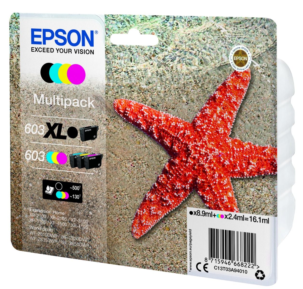 4 Color Epson 603XL Black, 603 CMY Ink Cartridge Multipack - T03A940