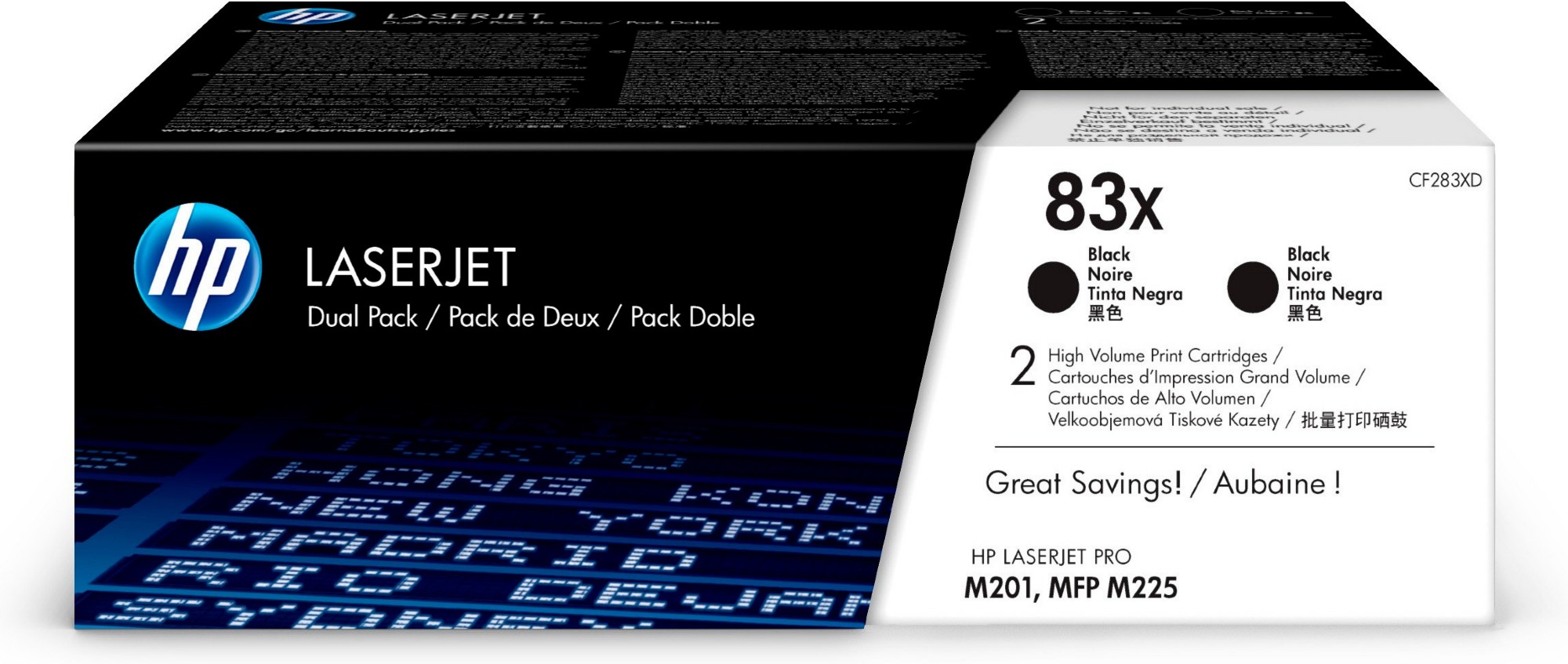 HP LaserJet 5N CF283XD High Capacity Black HP 83X Toner Cartridge Twin Pack, 2.2K Page Yield Each