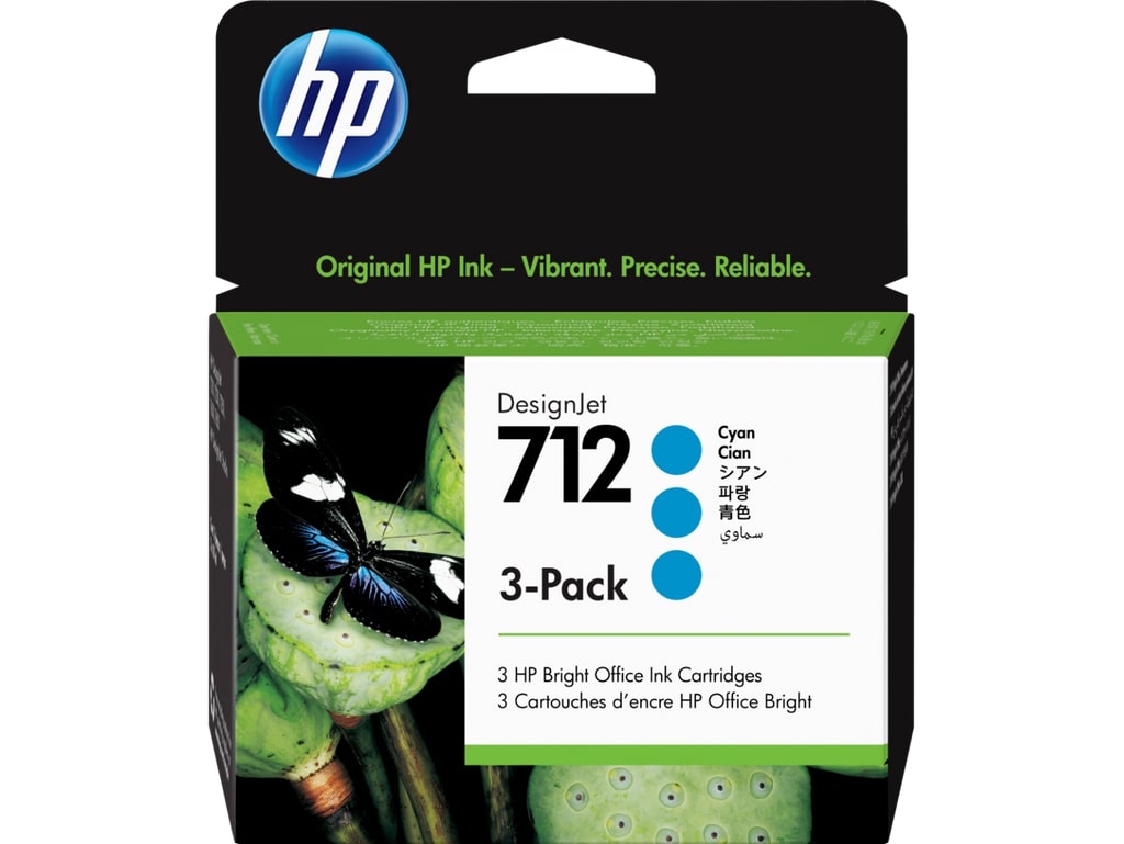 HP 712 Cyan 3 Pack Ink Cartridges - 3ED77A Designjet Ink, 29ml Each