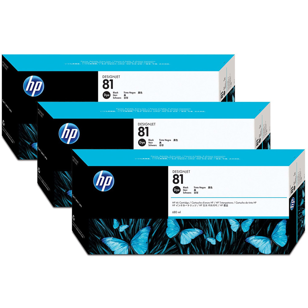 HP 81 Black DesignJet 3 Pack Dye Ink Cartridges C5066A
