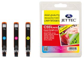 Jet Tec CLI-551XL Cyan, Magenta, Yellow Ink Cartridges, 11ml x 3