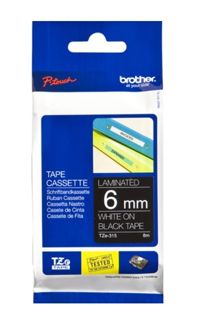 Brother Laminated Tape White on Black, 6mm (TZe315) - Retail Packaging
