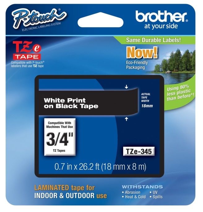 Brother TZE-345 Original P-Touch White on Black Tape 18mm x 8m