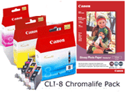 Canon CLI-8CMY Ink Cartridges plus Glossy (4"x6") Photo Paper -170gsm