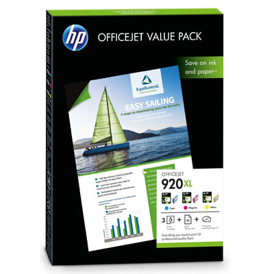 HP 920XL Officejet Value Pack XL C/M/Y Ink Cartridges plus 50 Sheets, A4, 180gsm
