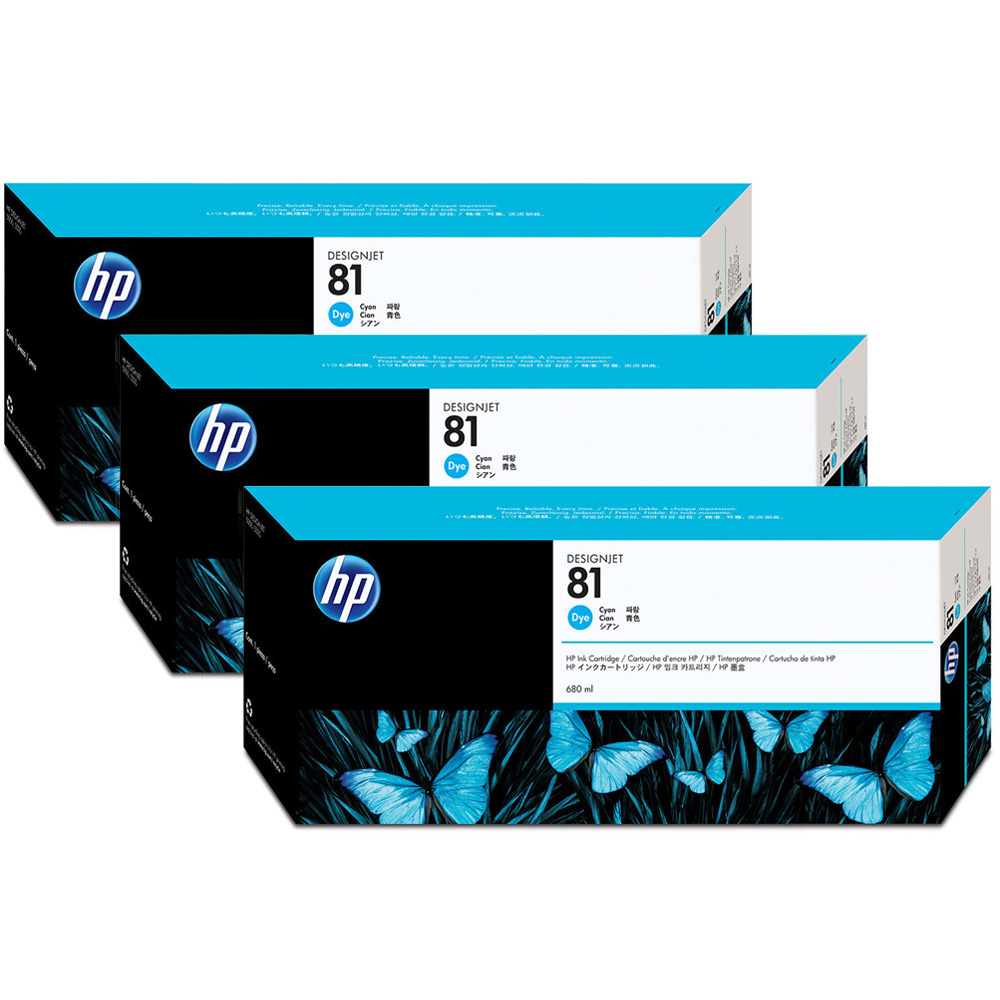 HP 81 Cyan DesignJet 3 Pack Dye Ink Cartridges C5067A
