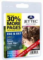 Jet Tec ( Made in the UK) 20% Extra Twin Black and One Colour Ink Cartridges for T066 / T067