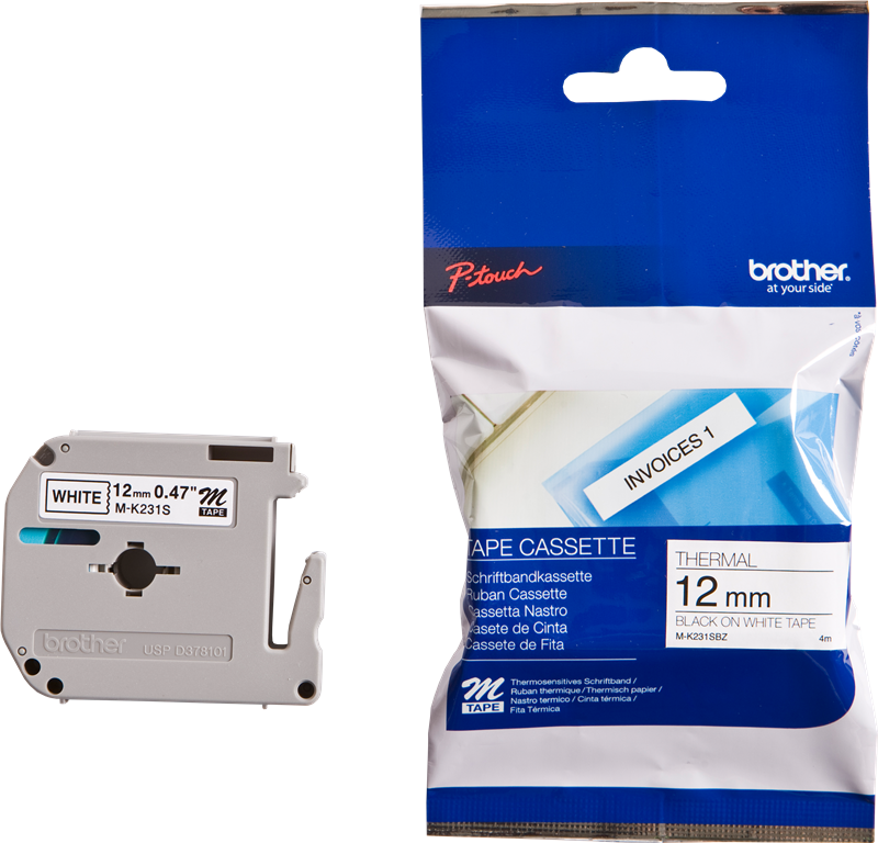 Brother M-K231SBZ Black on White Plastic Label Tape 12mm x 4m (MK231SBZ Tape)