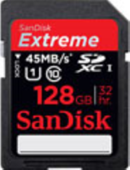 SDSDX-128G-X46: SanDisk 128GB SDXC Extreme HD Video Memory Card - 45MB/s